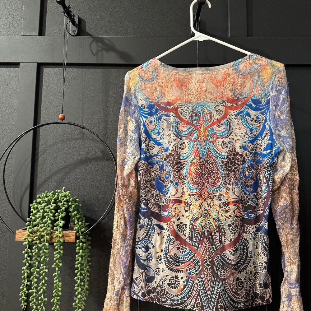 Chico’s - Boho Rhinestone Paisley Print with Open Lace Sleeves
